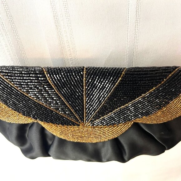Vintage 80's Glam Semi-Formal Satin Shimmer Beaded Black & Gold Purse by ELKA - Picture 5 of 7